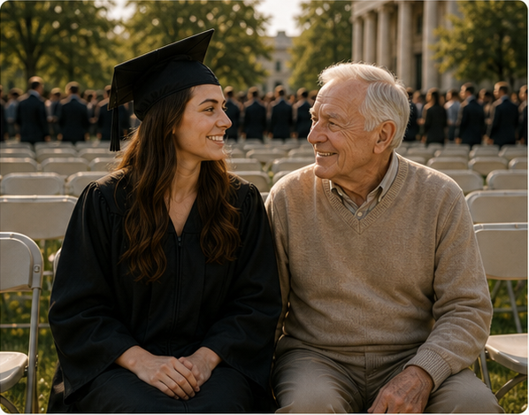 Imagined graduation image with the graduate and her grandfather together